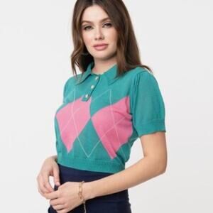 New Unique Vintage 1950s Argyle Cropped Sweater Green Pullover Retro Sweater L